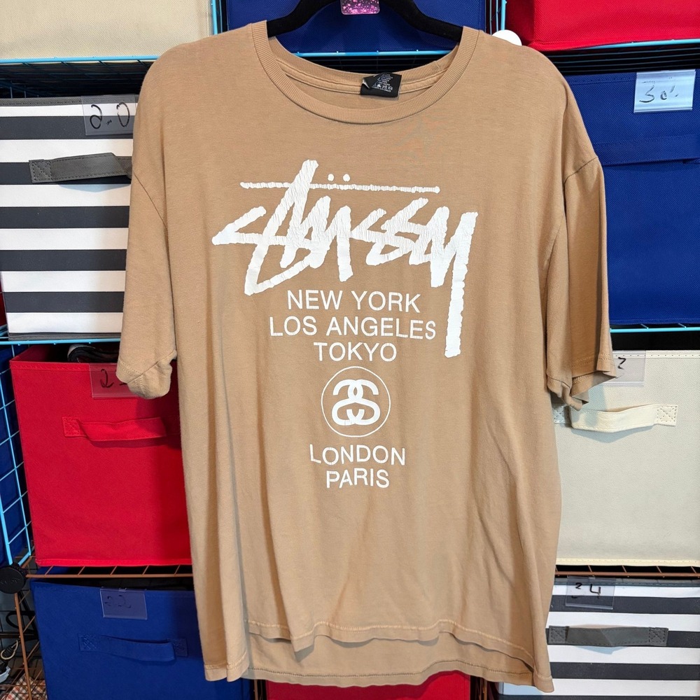 Stussy World Tour SS Link Logo Tan Graphic T-Shirt Streetwear Skater Large L